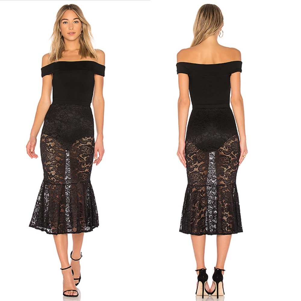 MAJORELLE Off-Shoulder Black Lace Midi Dress